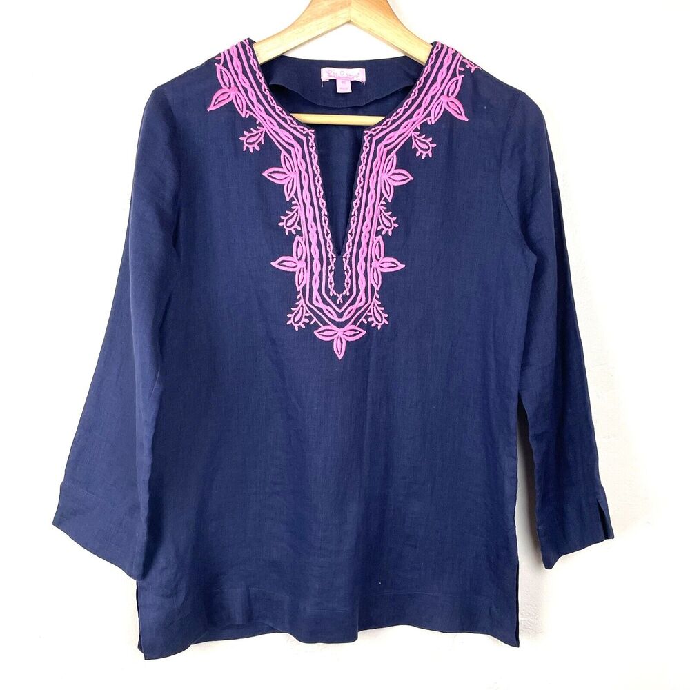 Lilly Pulitzer 100% Linen Amelia Island Blue Embroidered Popover XS Resort Top